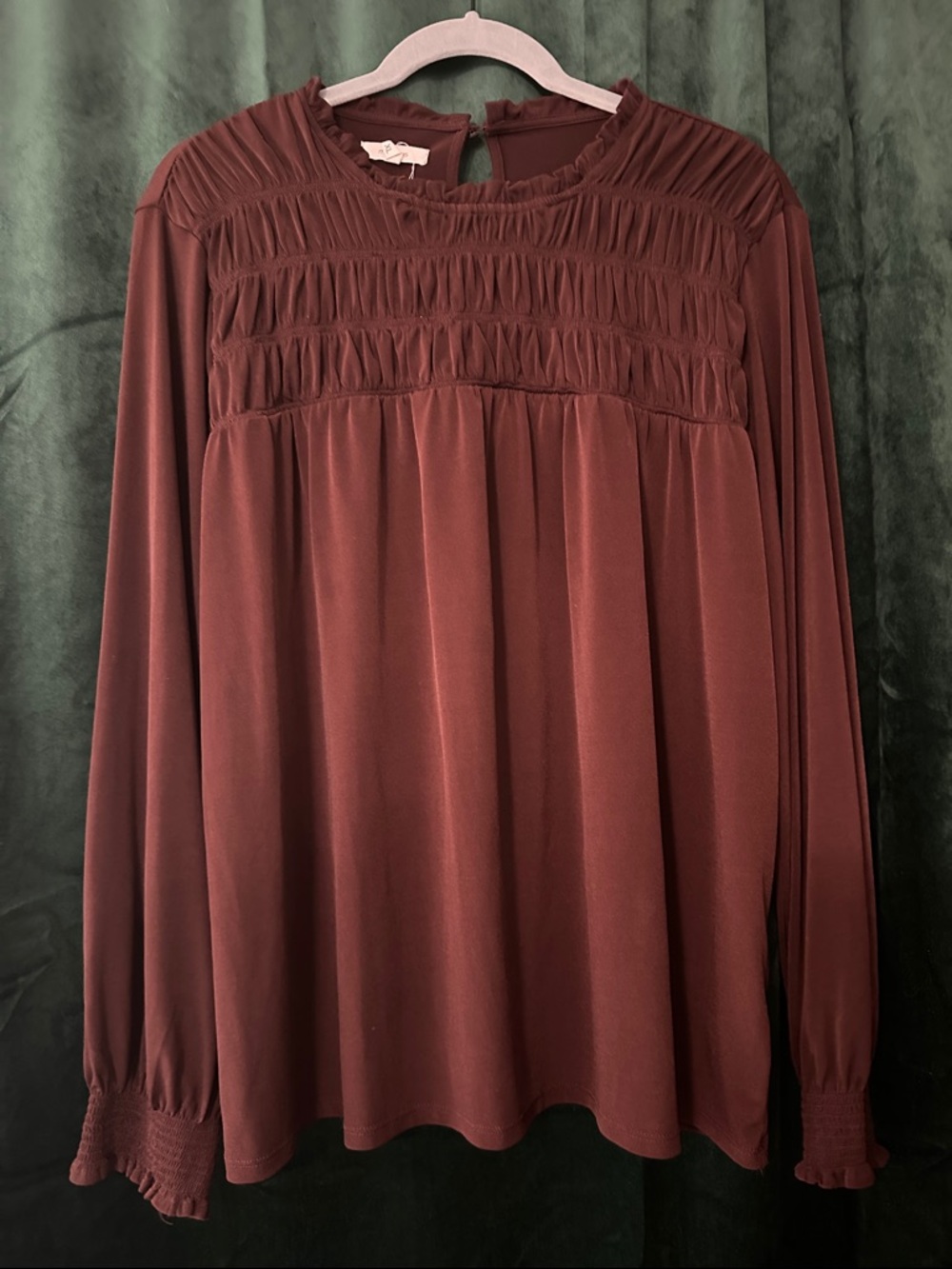 Smocked Yoke Long-Sleeve Blouse - Burgundy